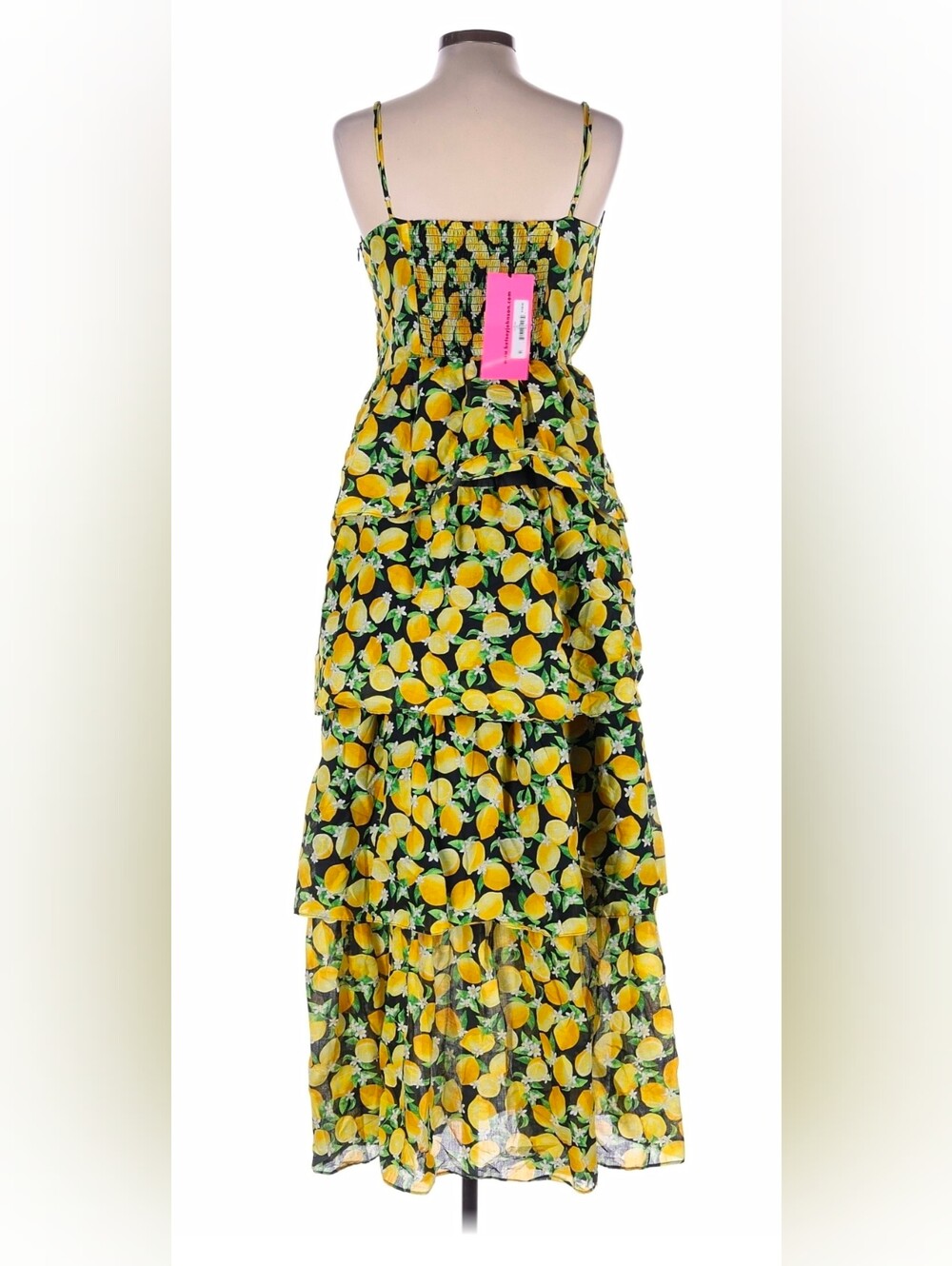 Betsey Johnson Black & Yellow Lemon-Print Tiered Maxi Dress Size 12 NWT - Picture 2 of 8